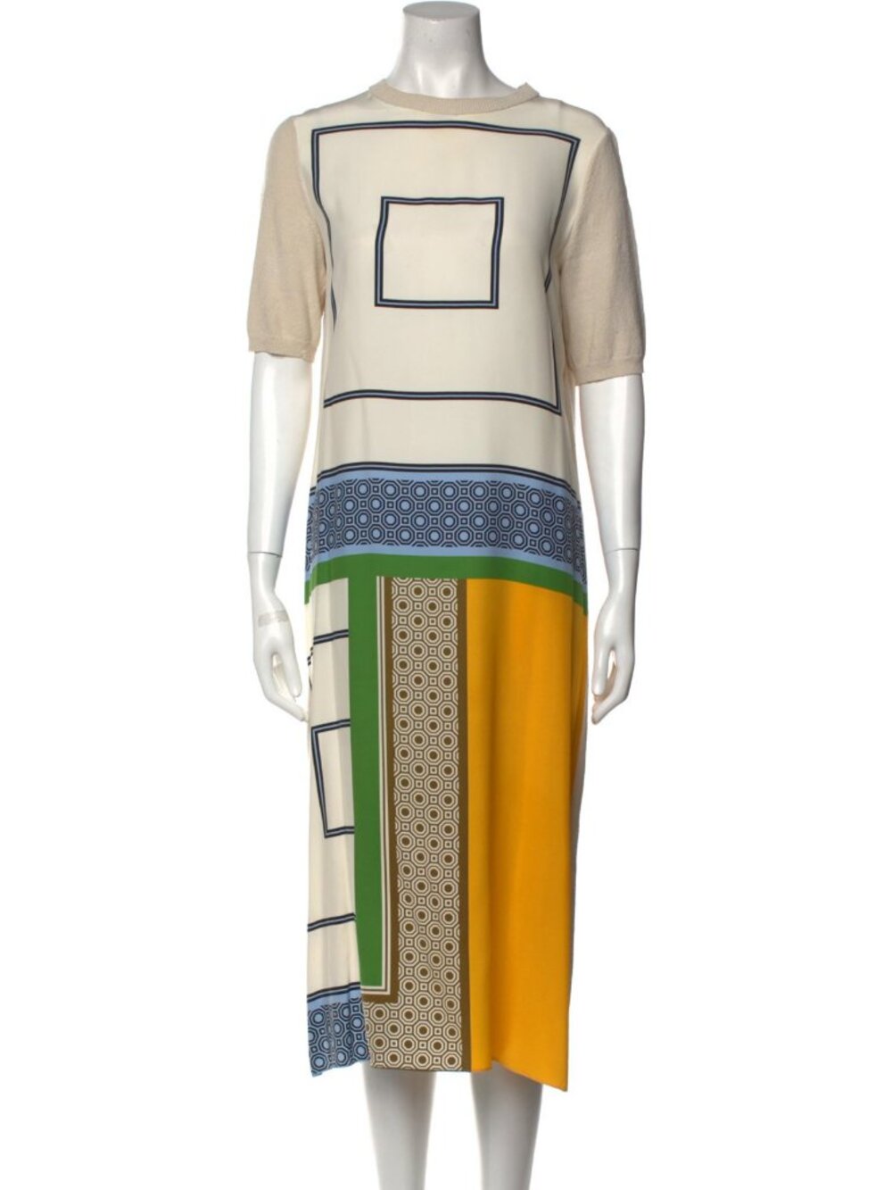 Tory Burch Silk Front Sweater Dress Scarf Print Short Sleeve Midi Ivory Size XS